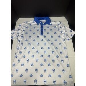Coby Stevens Polo Shirt Mens Large All Over Print Beer Bottles Golf Ball Alcohol